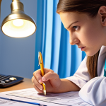 **Strategic Planning and Blueprint:**
    A determined young woman sits at a clean, organized desk, intently studying a detailed blueprint or a complex syllabus for a 'Health Management Exam'. She is holding a pen, highlighting key sections, and a glowing lightbulb subtly illuminates above her head, symbolizing a strategic understanding. The background features abstract representations of healthcare systems and data charts, conveying a sense of purpose and laying a strong foundation for success. The overall mood is aspirational and focused.