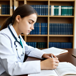 A focused professional healthcare assistant student, dressed in a modest scrub top and clean trousers, diligently studying at a sleek, well-lit desk in a modern library. An open medical textbook is visible, alongside neatly organized notes and a detailed anatomy diagram. The student's expression is one of deep concentration and learning, conveying intellectual engagement. The environment is conducive to quiet study. This image embodies foundational knowledge acquisition. Fully clothed, appropriate attire, professional dress, safe for work, perfect anatomy, correct proportions, natural pose, well-formed hands, proper finger count, natural body proportions, appropriate content.