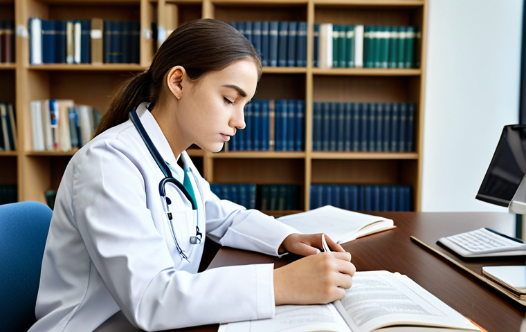 A focused professional healthcare assistant student, dressed in a modest scrub top and clean trousers, diligently studying at a sleek, well-lit desk in a modern library. An open medical textbook is visible, alongside neatly organized notes and a detailed anatomy diagram. The student's expression is one of deep concentration and learning, conveying intellectual engagement. The environment is conducive to quiet study. This image embodies foundational knowledge acquisition. Fully clothed, appropriate attire, professional dress, safe for work, perfect anatomy, correct proportions, natural pose, well-formed hands, proper finger count, natural body proportions, appropriate content.